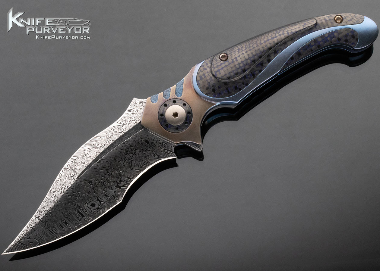 Ron Best Custom Knife Damasteel Damascus, Anodized Titanium Fluted Carbon Fiber Framelock "Phaze" Flipper 15166