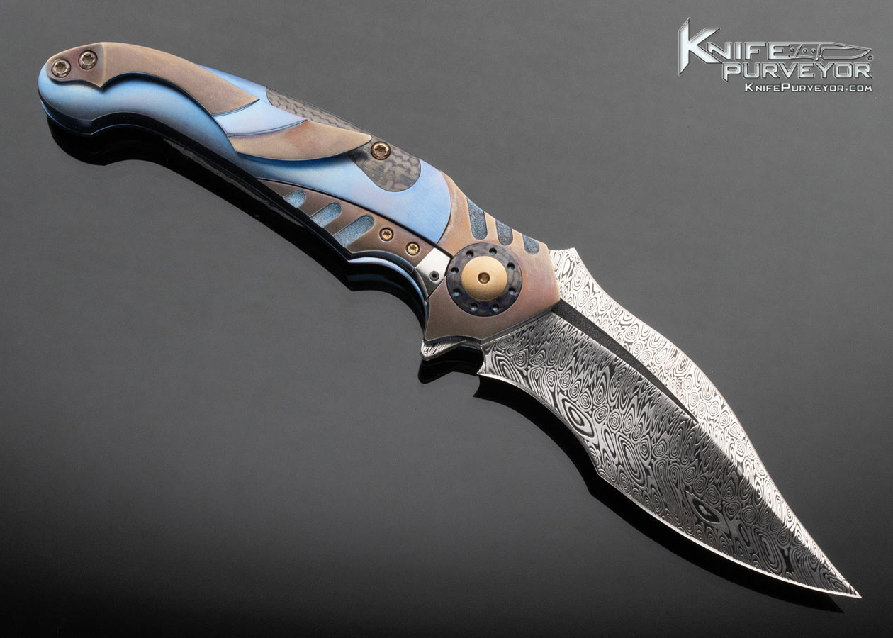 Ron Best Custom Knife Damasteel Damascus, Anodized Titanium Fluted Carbon Fiber Framelock "Phaze" Flipper - Image 3
