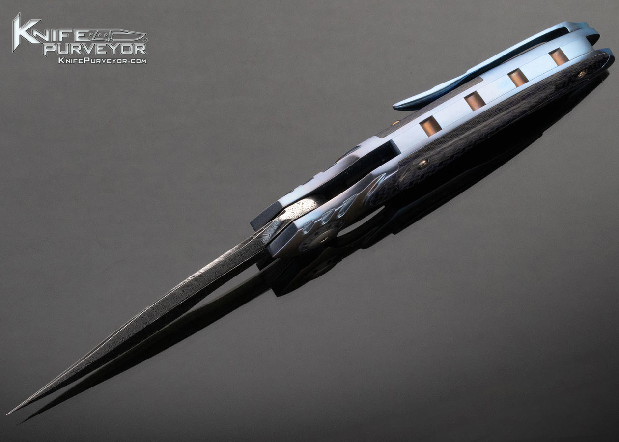 Ron Best Custom Knife Damasteel Damascus, Anodized Titanium Fluted Carbon Fiber Framelock "Phaze" Flipper - Image 5