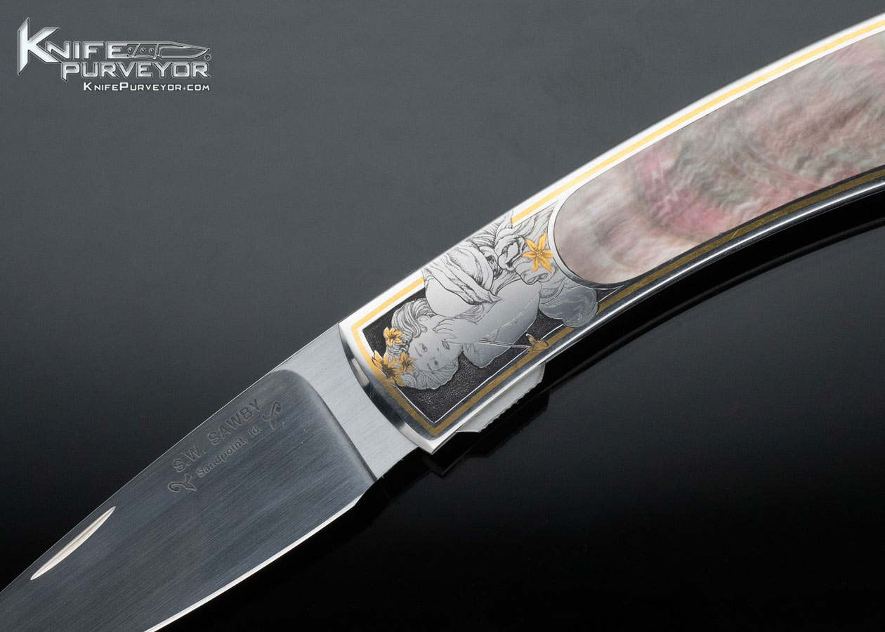 Scott Sawby Custom Knife Black Lip Tahitian Pearl Shell Interframe Self Lock Engraved by Christy George - Image 2