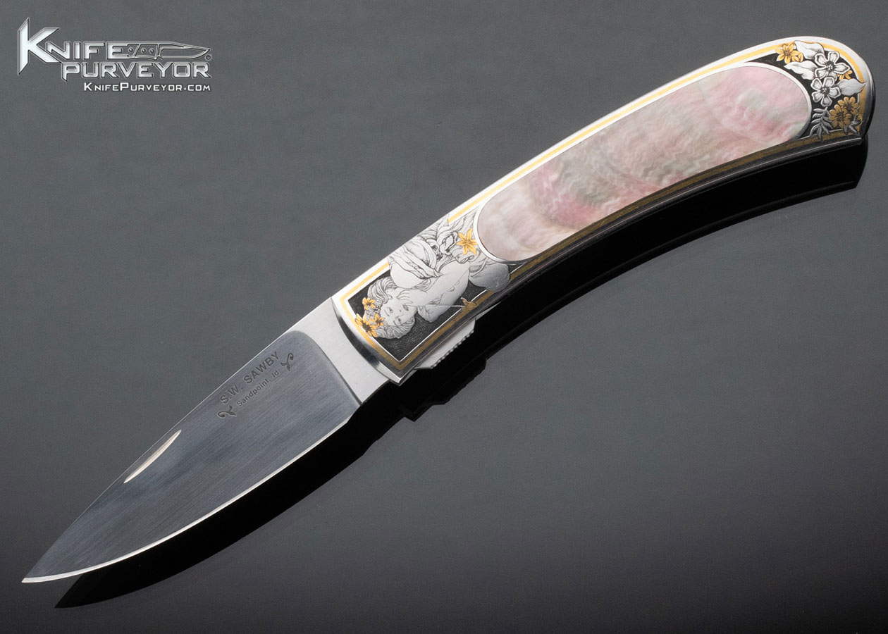 Scott Sawby Custom Knife Black Lip Tahitian Pearl Shell Interframe Self Lock Engraved by Christy George 15181