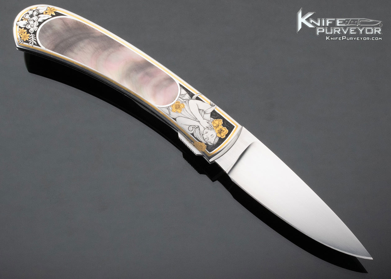 Scott Sawby Custom Knife Black Lip Tahitian Pearl Shell Interframe Self Lock Engraved by Christy George - Image 3