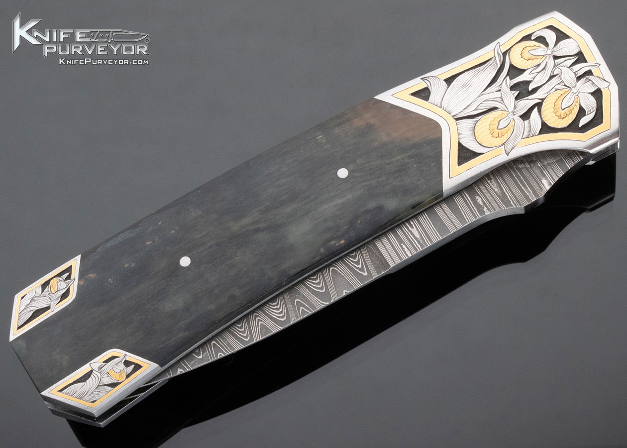 Scott Sawby Custom Knife Damascus and Mammoth Kingfisher Selflock Engraved by Marian Sawby with 24 Kt Gold Inlays - Image 4