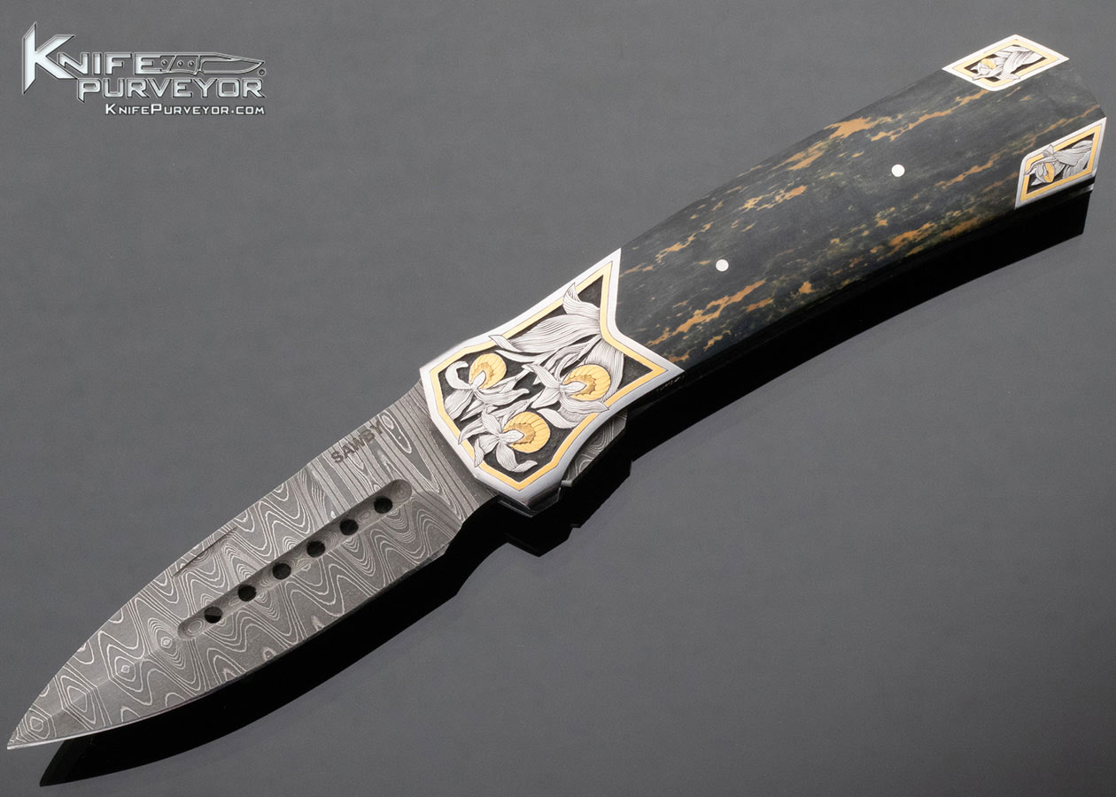 Scott Sawby Custom Knife Damascus and Mammoth Kingfisher Selflock Engraved by Marian Sawby with 24 Kt Gold Inlays 13721