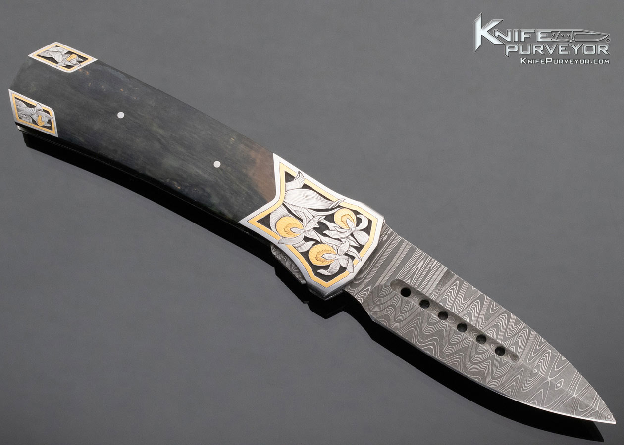 Scott Sawby Custom Knife Damascus and Mammoth Kingfisher Selflock Engraved by Marian Sawby with 24 Kt Gold Inlays - Image 3