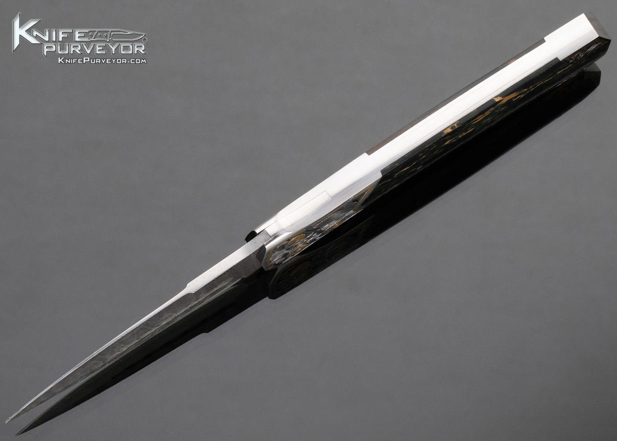 Scott Sawby Custom Knife Damascus and Mammoth Kingfisher Selflock Engraved by Marian Sawby with 24 Kt Gold Inlays - Image 5