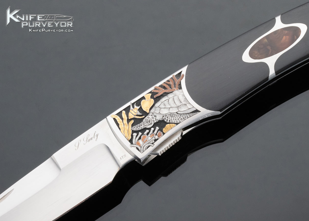 Scott Sawby Custom Knife Marion Sawby Engraved Black Jade and Fire Agate Kittiwake Self Lock - Image 2