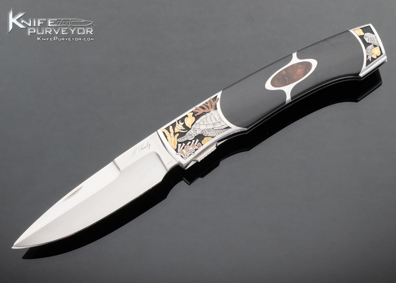 Scott Sawby Custom Knife Marion Sawby Engraved Black Jade and Fire Agate Kittiwake Self Lock 15180