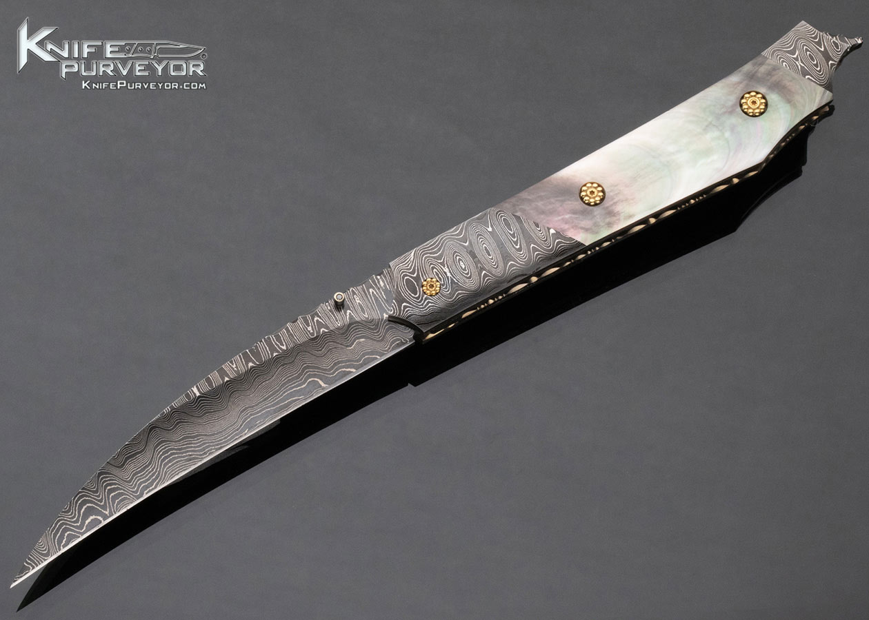 Stan Wilson Custom Knife Blacklip Pearl and Robert Eggerling Damascus Mantis Linerlock 15149