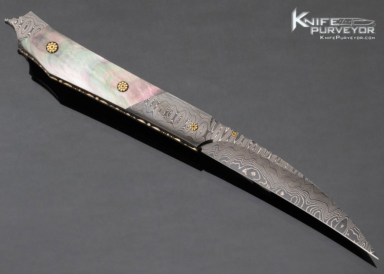 Stan Wilson Custom Knife Blacklip Pearl and Robert Eggerling Damascus Mantis Linerlock 15149