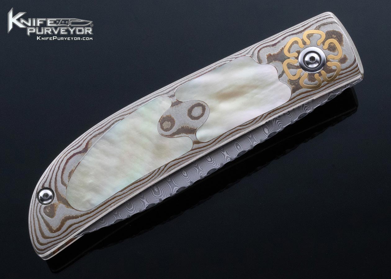 Steve Jernigan Custom Knife Damascus with Mokume and Gold Lip Pearl Linerlock - Image 4