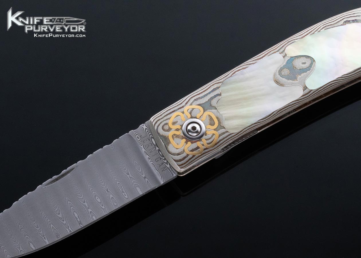 Steve Jernigan Custom Knife Damascus with Mokume and Gold Lip Pearl Linerlock - Image 2