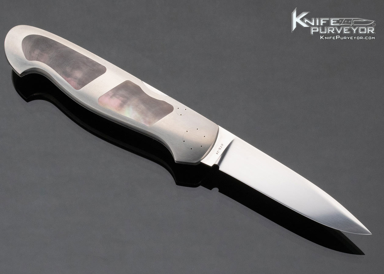 Tom Overeynder Custom Knife Black Lip Tahitian Pearl Shell Double Interframe Titanium Frontlock - Image 3