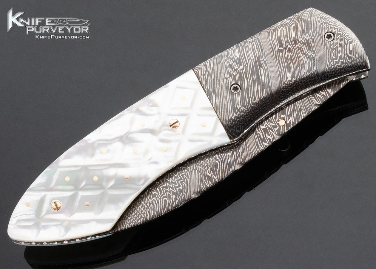 Vernie Reed Custom Knife Blued Damascus with Piqued Mother of Pearl Linerlock - Image 4