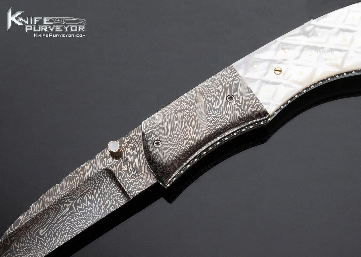 Vernie Reed Custom Knife Blued Damascus with Piqued Mother of Pearl Linerlock 15235