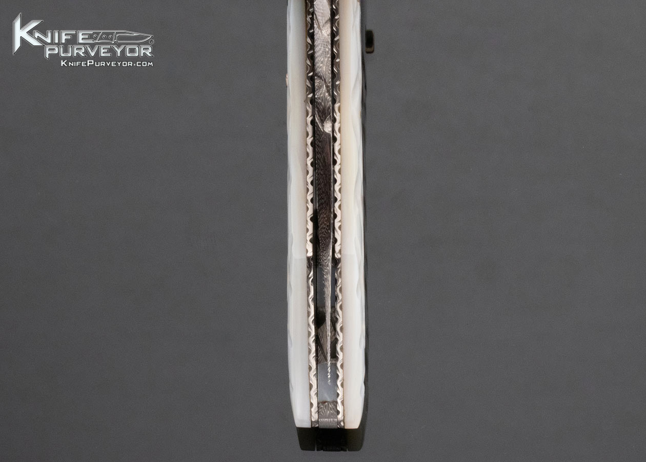 Vernie Reed Custom Knife Blued Damascus with Piqued Mother of Pearl Linerlock - Image 7