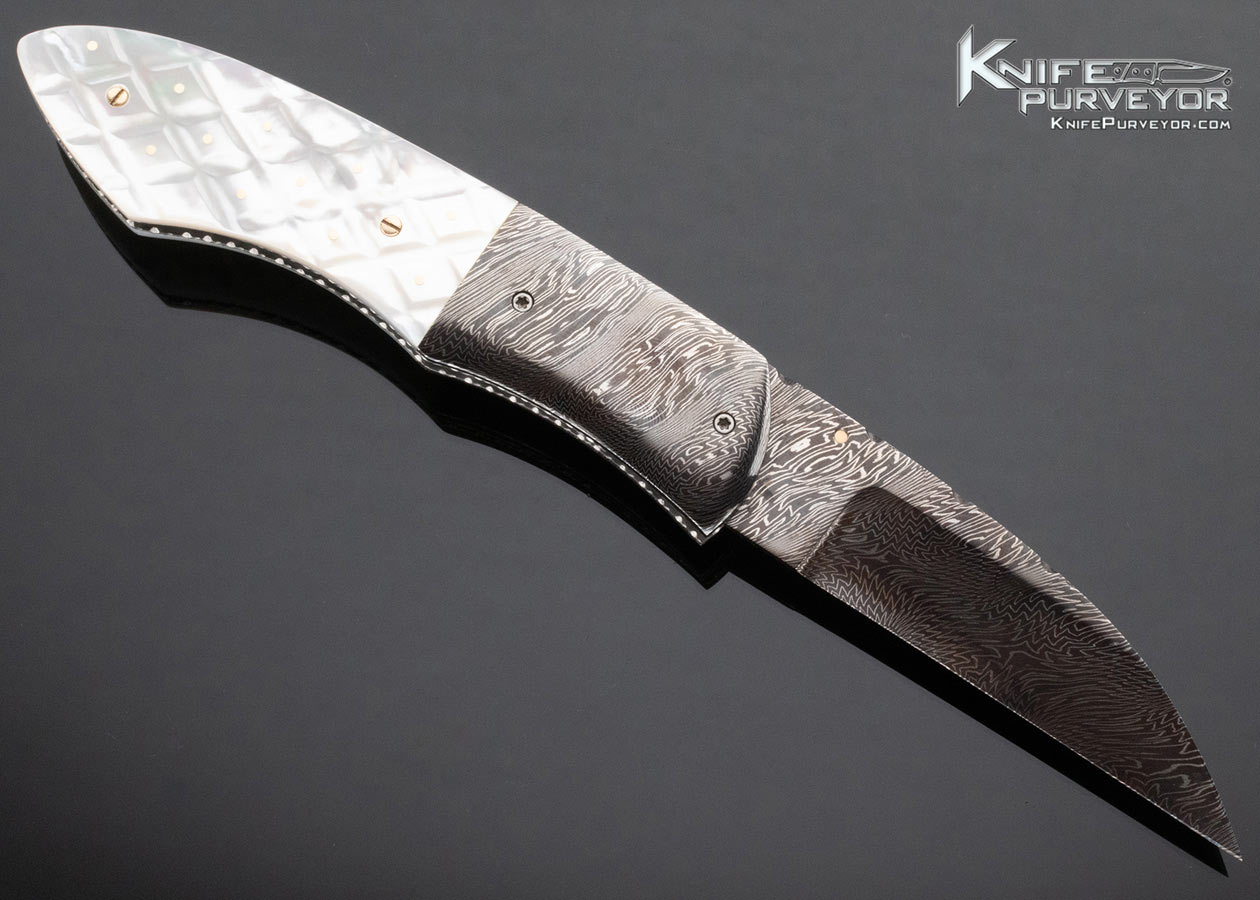 Vernie Reed Custom Knife Blued Damascus with Piqued Mother of Pearl Linerlock - Image 3