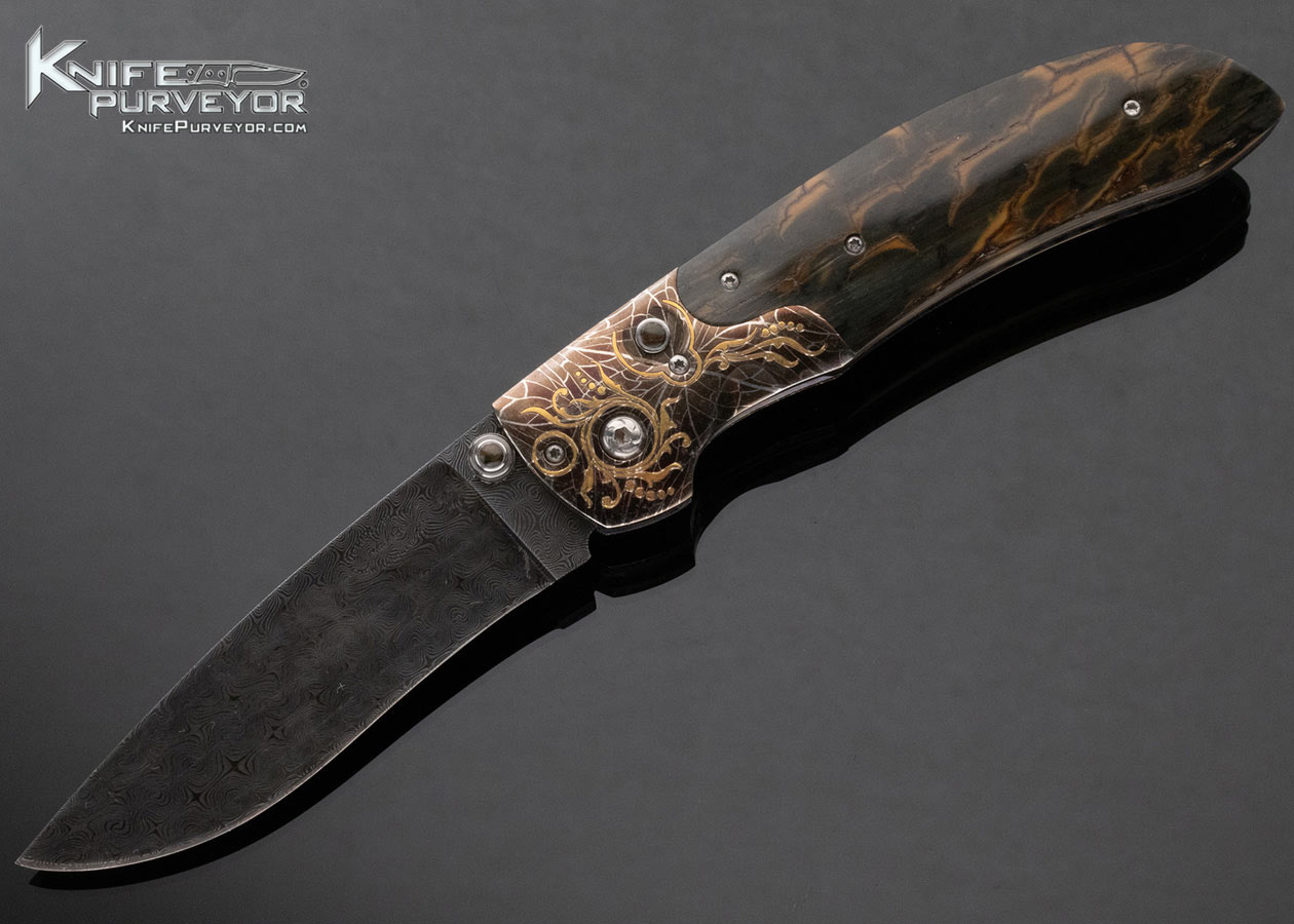 Johnny Stout Custom Knife Jerry Rados Damascus and Robert Eggerling Mosaic Damascus with Outer Bark Mammoth Automatic Linerlock Engraved by Jim Small with 24Kt Gold Inlays 15214