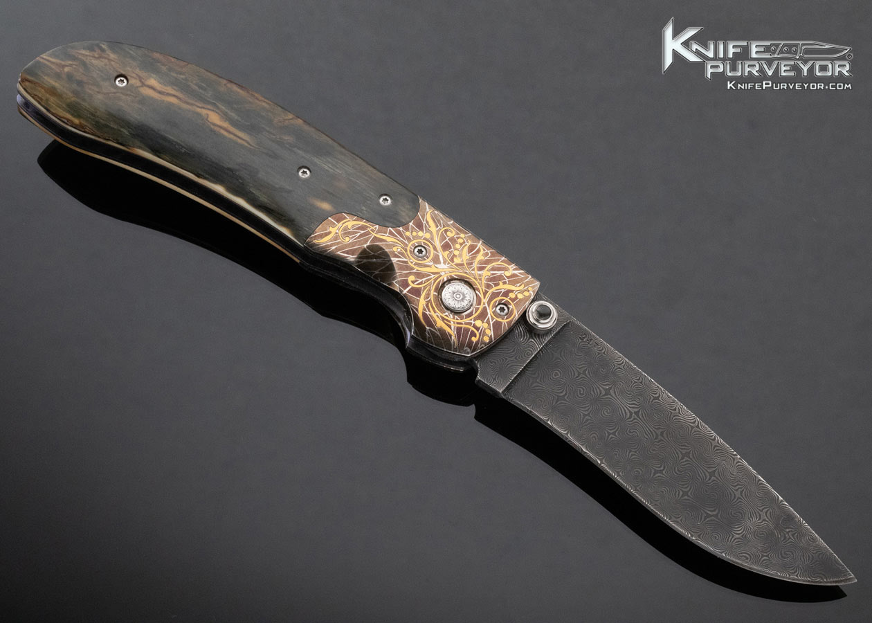 Johnny Stout Custom Knife Engraved by Jim Small Jerry Rados Damascus and Robert Eggerling Mosaic Damascus with Outer Bark Mammoth Automatic Linerlock with 24Kt Gold Inlays - Image 3