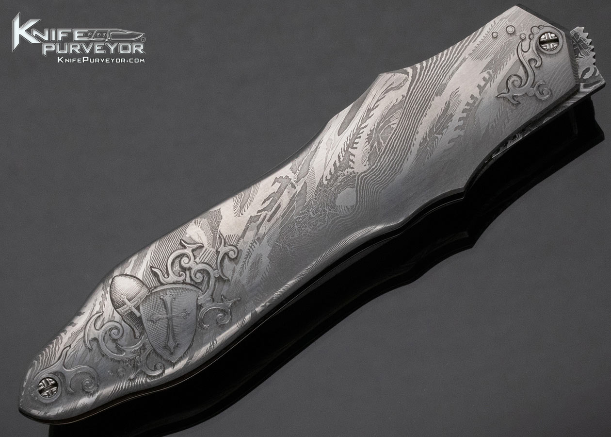 Rick Eaton Custom Knife Sole Authorship Engraved Damascus Linerlock Dagger - Image 4