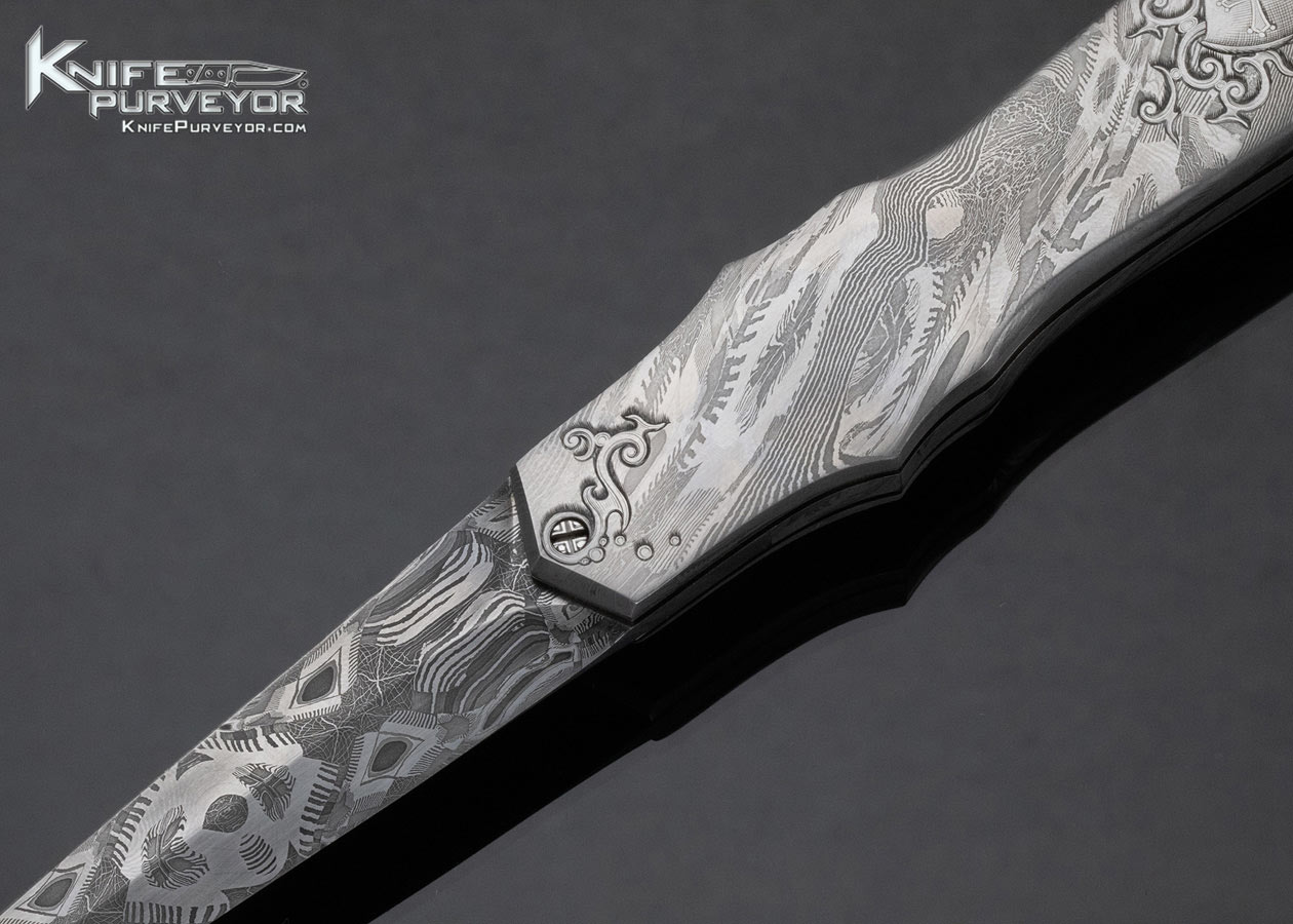 Rick Eaton Custom Knife Sole Authorship Engraved Damascus Linerlock Dagger - Image 2