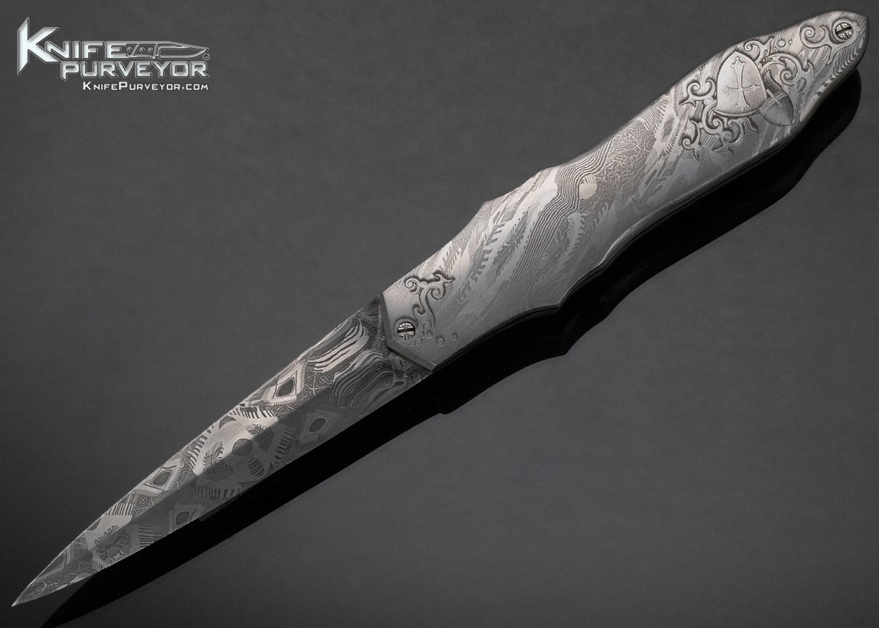Rick Eaton Custom Knife Sole Authorship Engraved Damascus Linerlock Dagger 15277