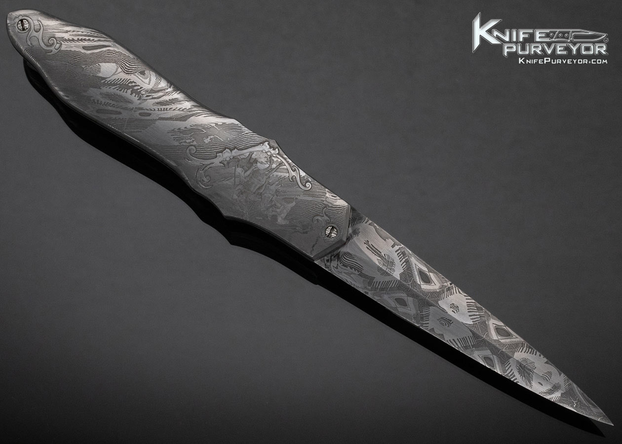 Rick Eaton Custom Knife Sole Authorship Engraved Damascus Linerlock Dagger - Image 3