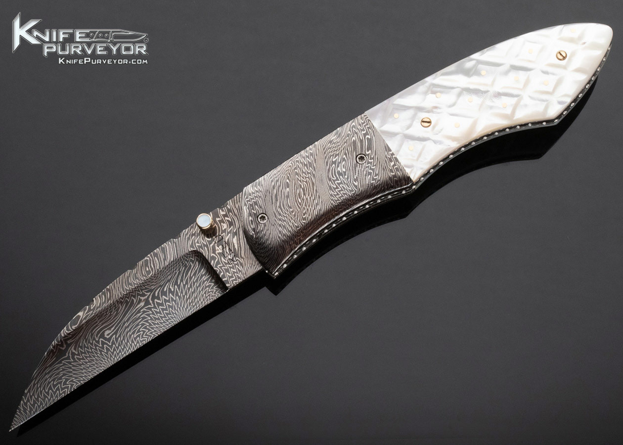 Vernie-Reed-Custom-Knife-Blued-Damascus-Piqued-Mother-of-Pearl-Linerlock-