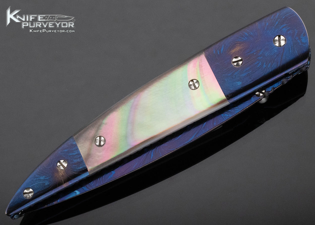 Josh Smith Custom Knife Blued Sole Authorship Damascus and Black Lip Pearl Linerlock - Image 4