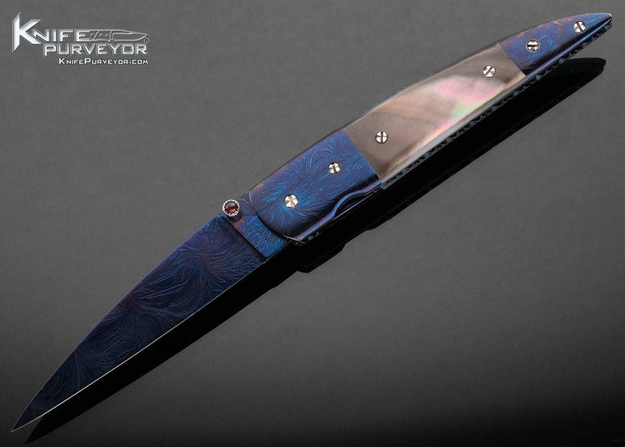 Josh Smith Custom Knife Blued Sole Authorship Damascus and Black Lip Pearl Linerlock 15393