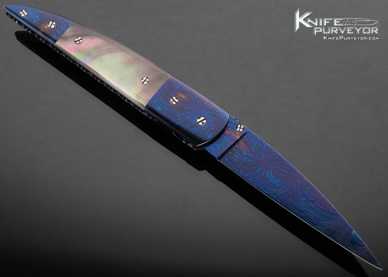 Josh Smith Custom Knife Blued Sole Authorship Damascus and Black Lip Pearl Linerlock - Image 3