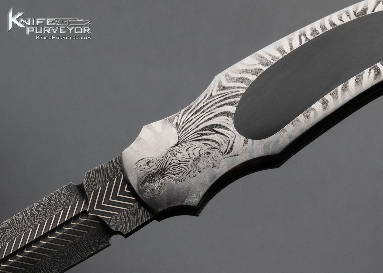 Tom Overeynder Custom Knife Manuela Gualdi Engraved Black Jade and Damascus - Image 2