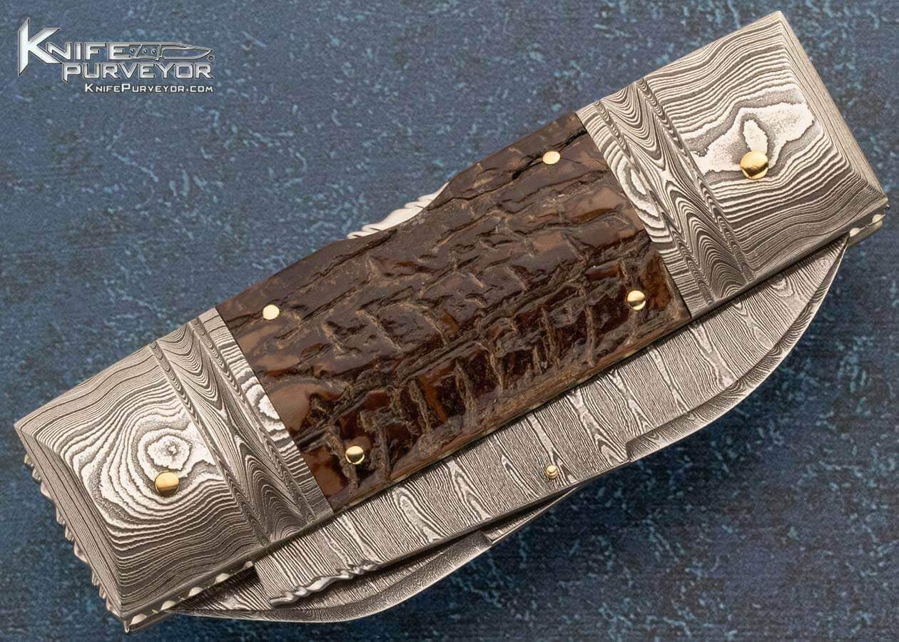 Barry Davis Custom Knife Sole Authorship Damascus and Bark Mammoth 2 Blade Lockback - Image 3