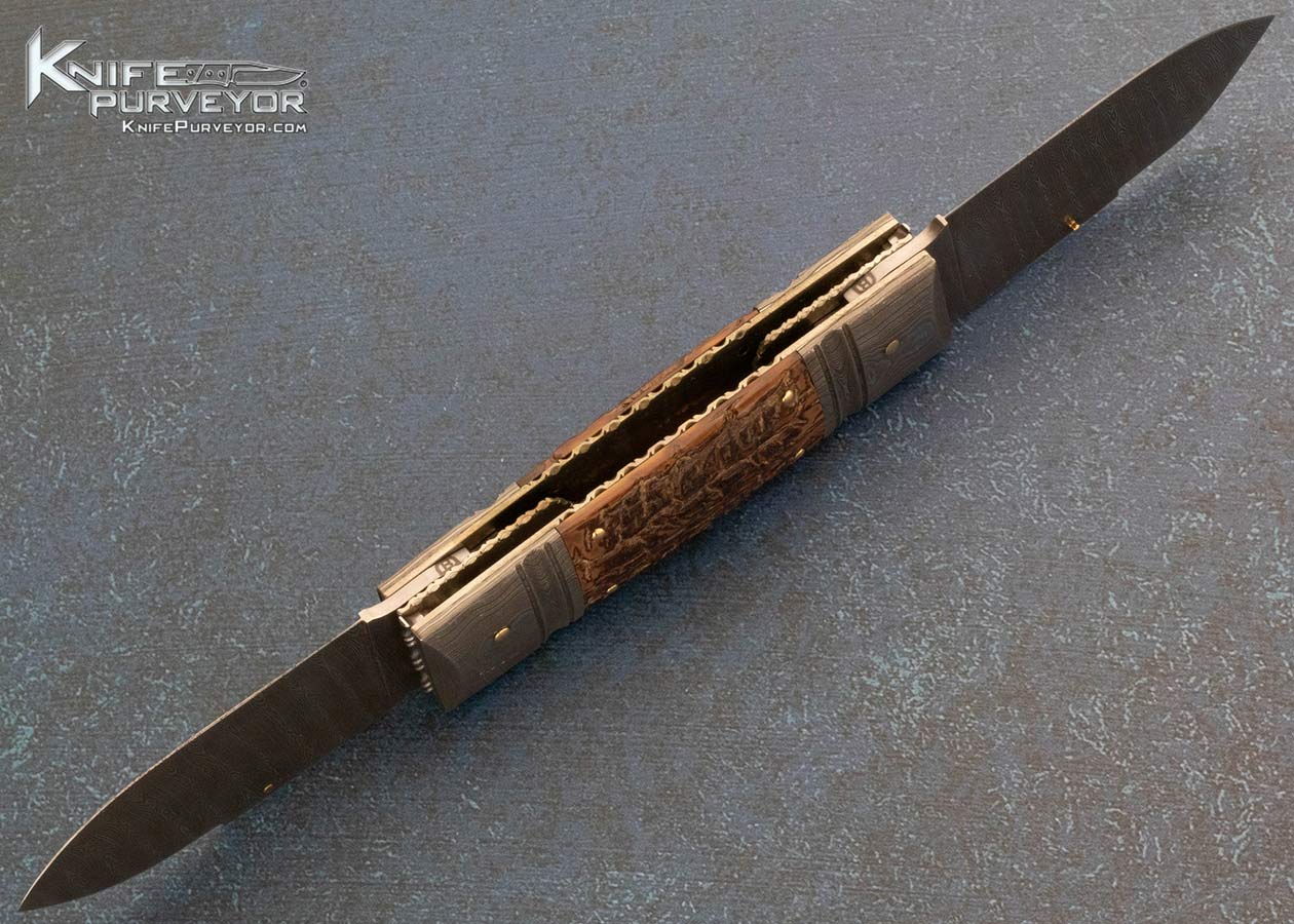 Barry Davis Custom Knife Sole Authorship Damascus and Bark Mammoth 2 Blade Lockback - Image 6