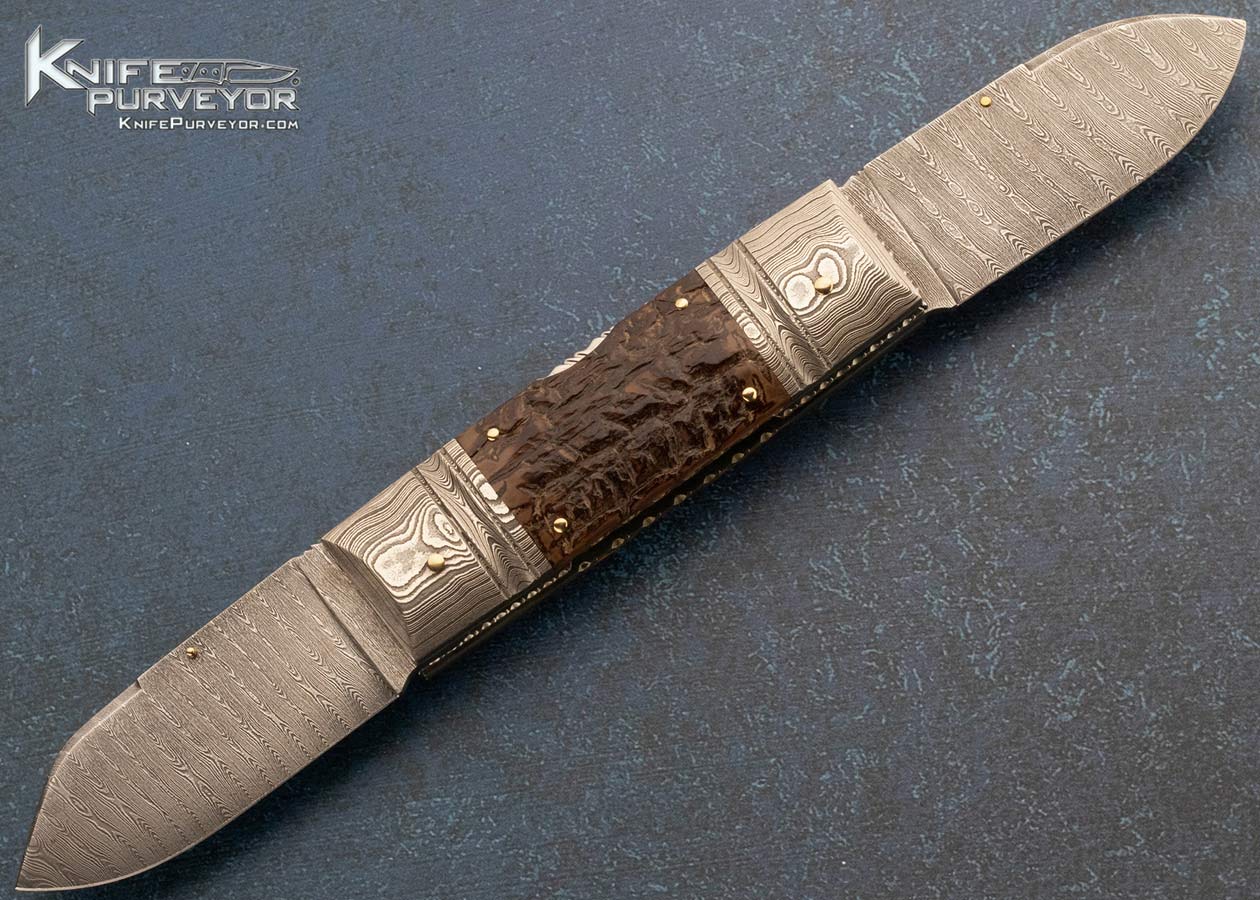 Barry Davis Custom Knife Sole Authorship Damascus and Bark Mammoth 2 Blade Lockback 15436