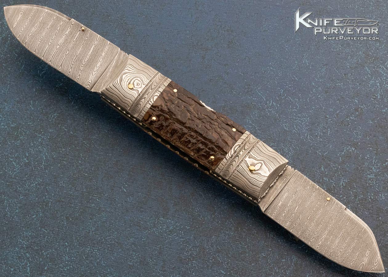 Barry Davis Custom Knife Sole Authorship Damascus and Bark Mammoth 2 Blade Lockback - Image 4
