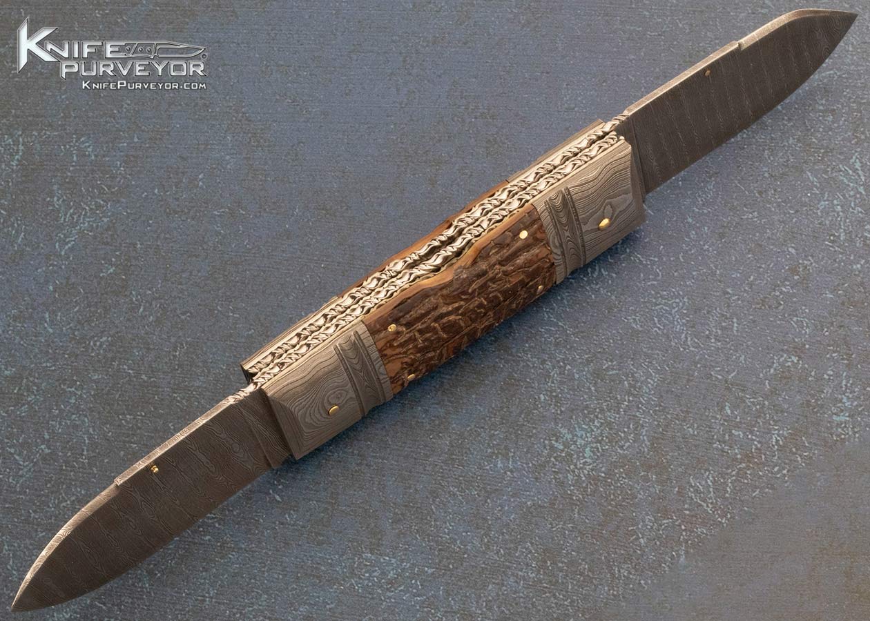 Barry Davis Custom Knife Sole Authorship Damascus and Bark Mammoth 2 Blade Lockback - Image 5