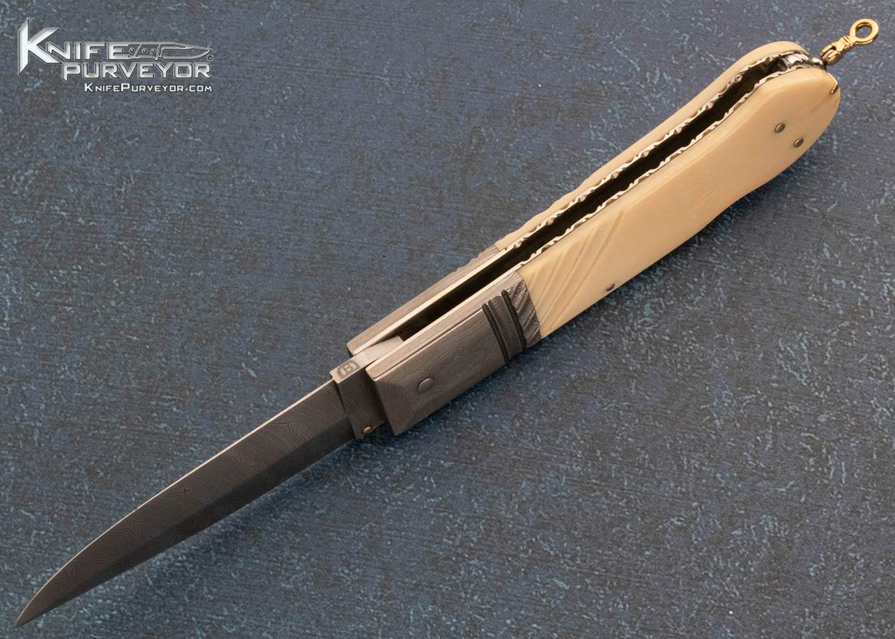 Barry Davis Custom Knife Sole Authorship Damascus and Fluted Walrus Lockback with 14Kt Gold Pins, Toothpick and Bale - Image 5