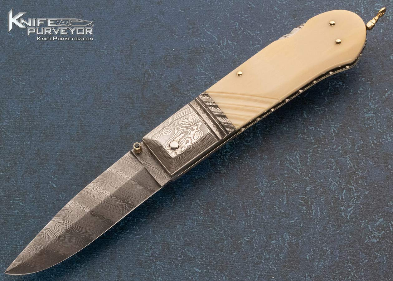 Barry Davis Custom Knife Sole Authorship Damascus and Fluted Walrus Lockback with 14Kt Gold Pins, Toothpick and Bale 15481