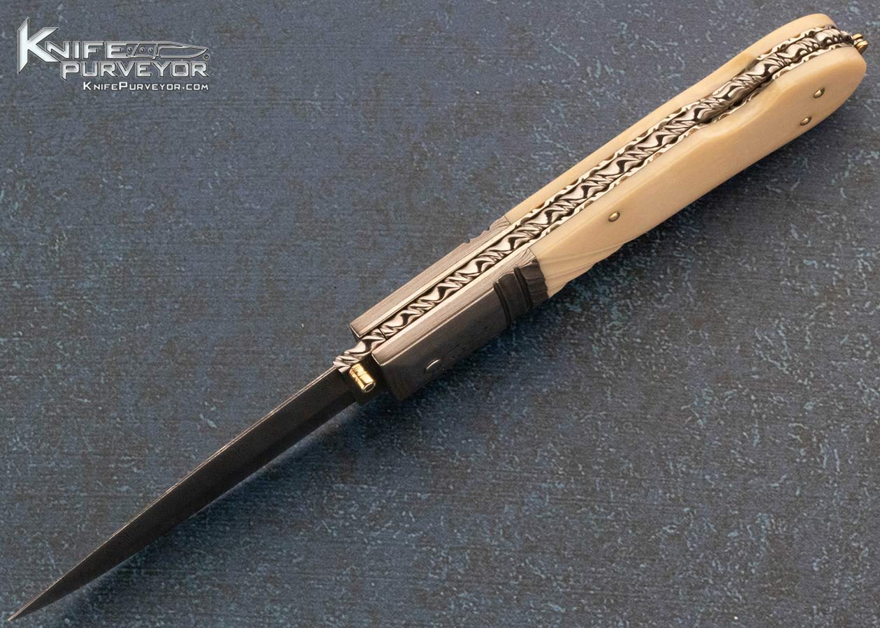 Barry Davis Custom Knife Sole Authorship Damascus and Fluted Walrus Lockback with 14Kt Gold Pins, Toothpick and Bale - Image 6