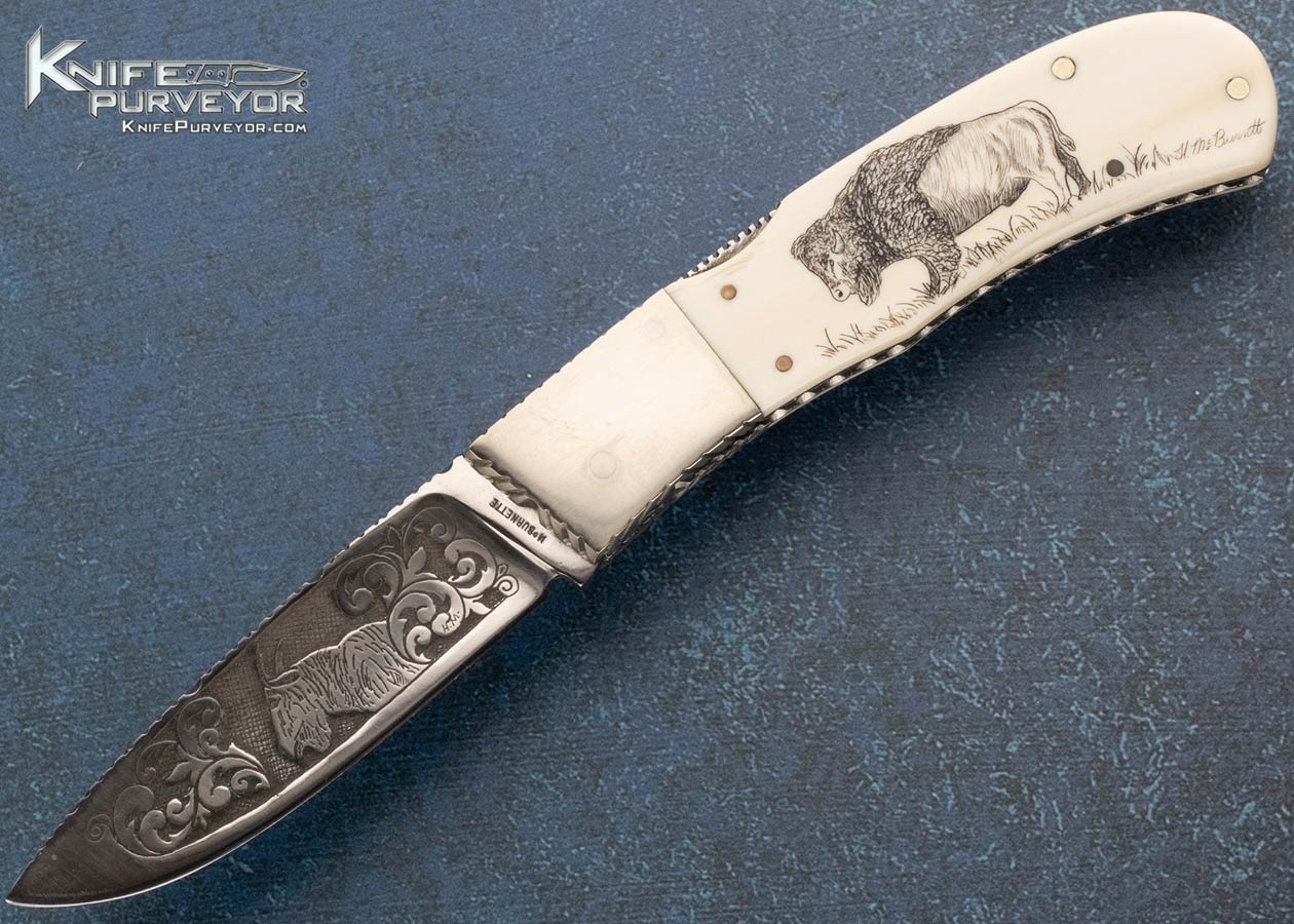 Harvey McBurnette Custom Knife Sole Authorship "Buffalo" Engraved and Scrimshawed Front Lock Circa 1976 15489