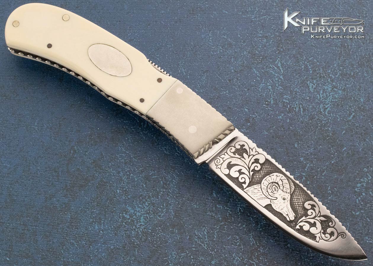 Harvey McBurnette Custom Knife Sole Authorship "Buffalo" Engraved and Scrimshawed Front Lock Circa 1976 - Image 4