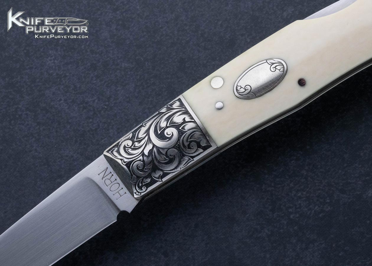 Jess Horn Custom Knife Mammoth Lockback with Escutcheon Engraved by Michael Collins - Image 2