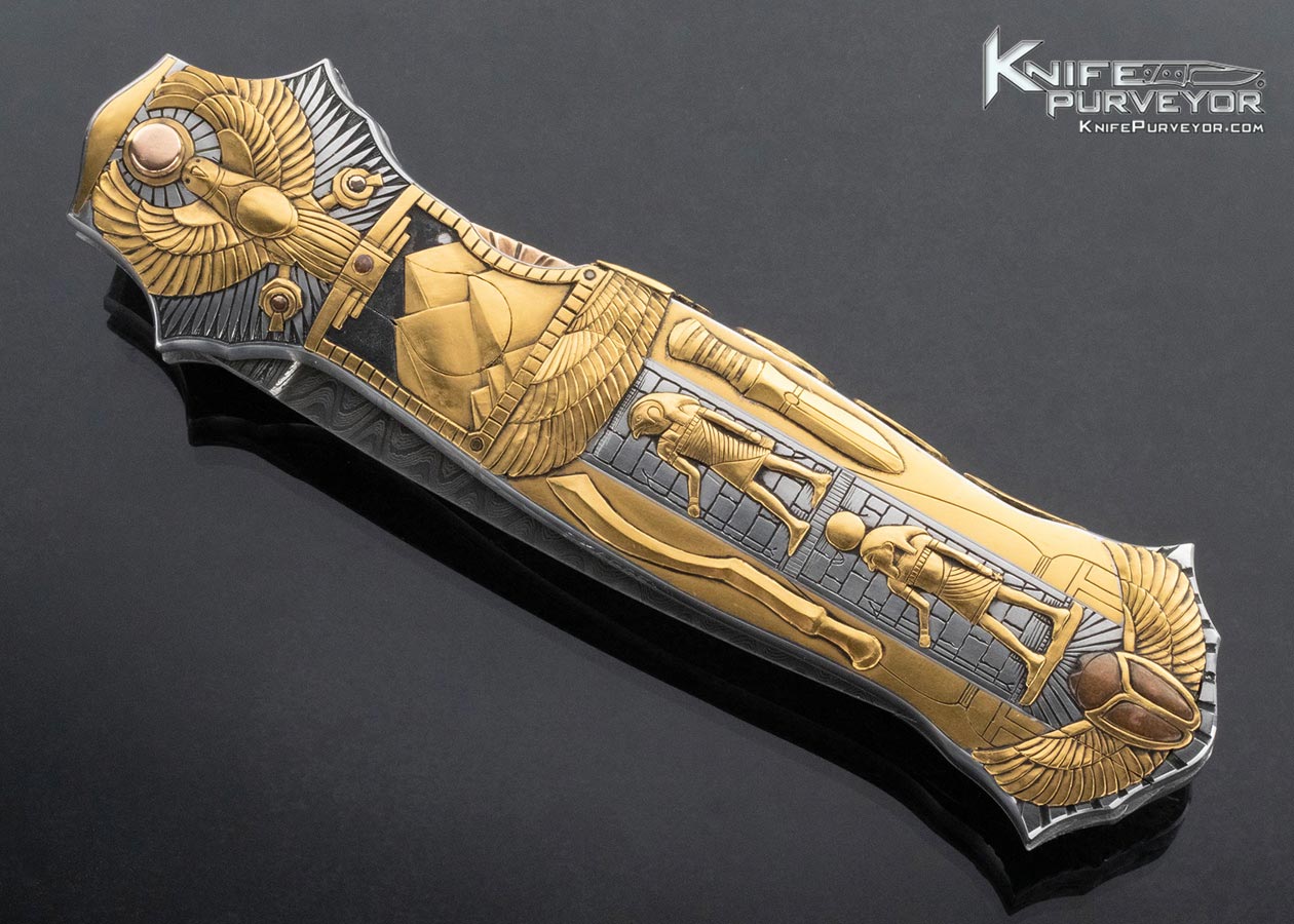 Joe-Kious-Custom-Knife-“Egyptian”-Engraved-Double-Pocket-Locket-Auto-with-14-Kt-Gold-Toothpick-Engraved-by-Ron-Skaggs