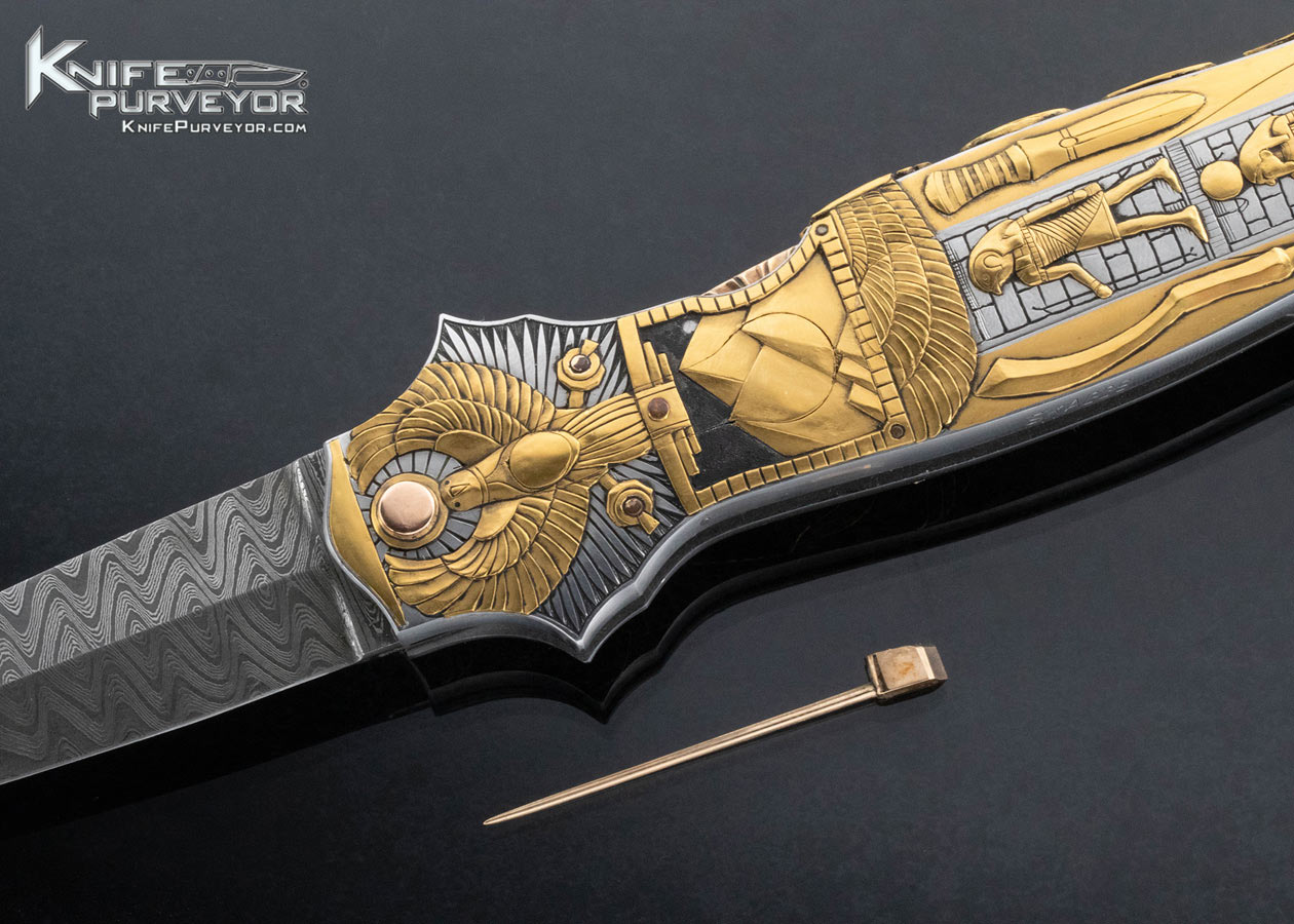 Joe-Kious-Custom-Knife-“Egyptian”-Engraved-Double-Pocket-Locket-Auto-with-14-Kt-Gold-Toothpick-Engraved-by-Ron-Skaggs