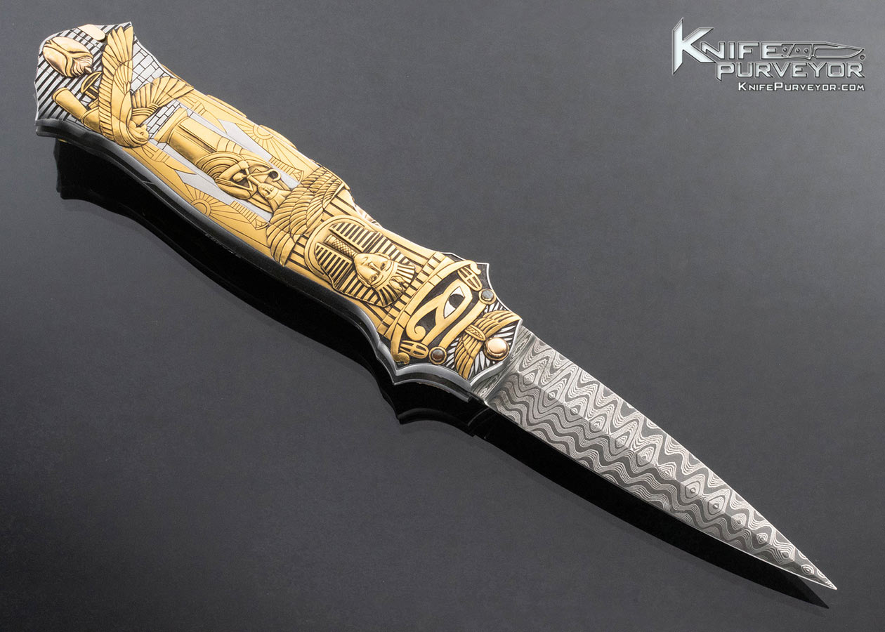 Joe-Kious-Custom-Knife-“Egyptian”-Engraved-Double-Pocket-Locket-Auto-with-14-Kt-Gold-Toothpick-Engraved-by-Ron-Skaggs