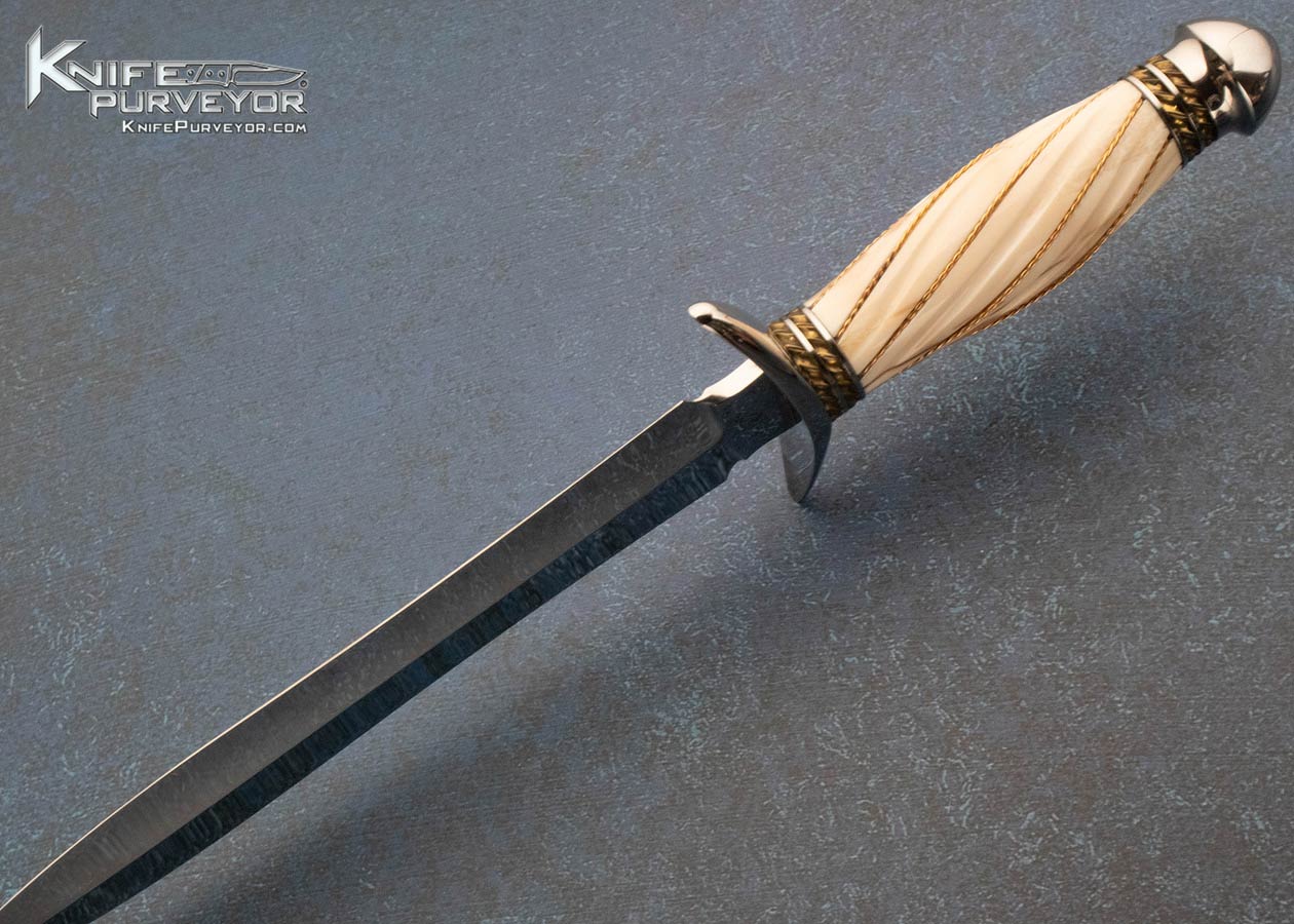 Joe Kious Custom Knife Fluted Fossilized Walrus Dagger with Braided Wire and Scabbard 5430