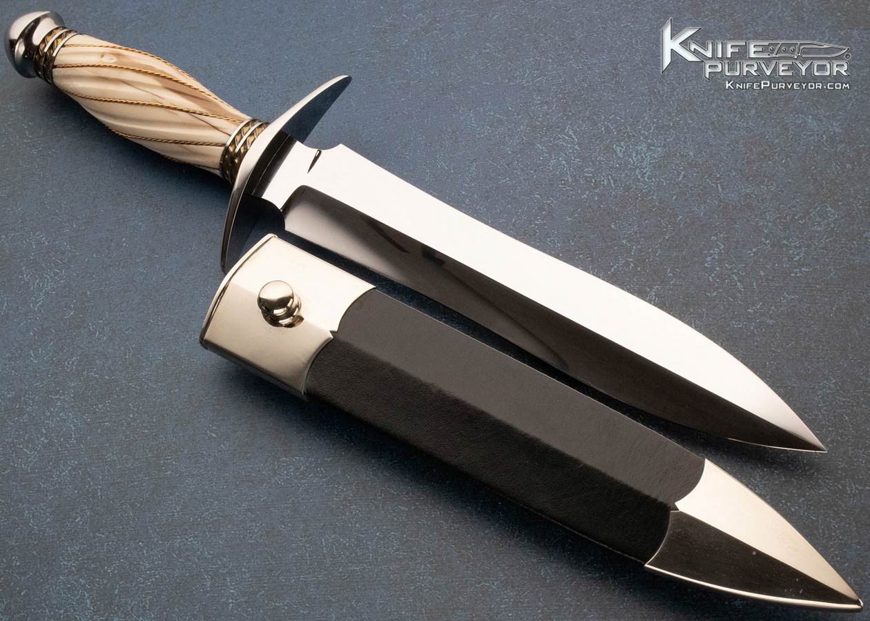 Joe Kious Custom Knife Fluted Fossilized Walrus Dagger with Braided Wire and Scabbard - Image 3