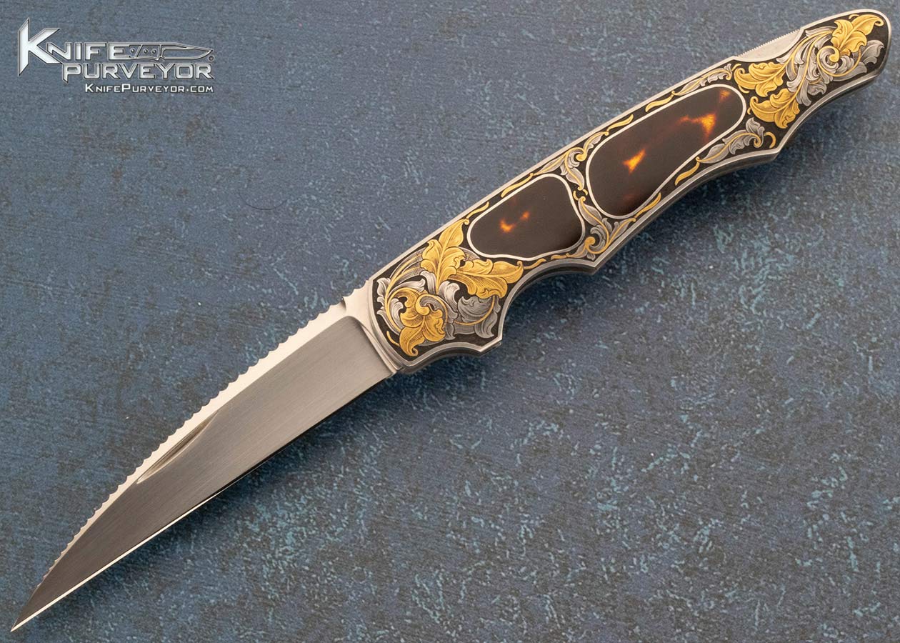 Joe Kious Custom Knife Amber Interframe Lockback Engraved by Joe Mason with 24Kt Gold Inlays 15449