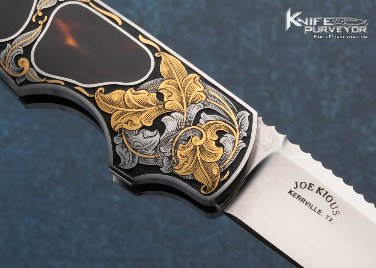 Joe Kious Custom Knife Amber Interframe Lockback Engraved by Joe Mason with 24Kt Gold Inlays - Image 4